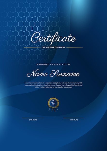 Certificate of appreciation template gold and blue color Clean modern certificate with gold badge Certificate border template with luxury and modern line pattern Diploma vector template