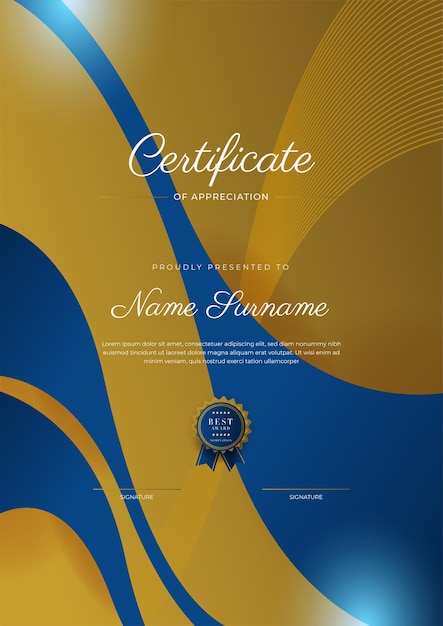 Certificate of appreciation template gold and blue color Clean modern certificate with gold badge Certificate border template with luxury and modern line pattern Diploma vector template