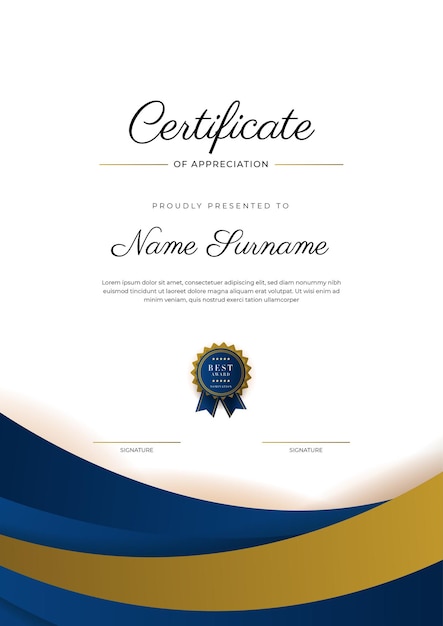 Certificate of appreciation template gold and blue color Clean modern certificate with gold badge Certificate border template with luxury and modern line pattern Diploma vector template