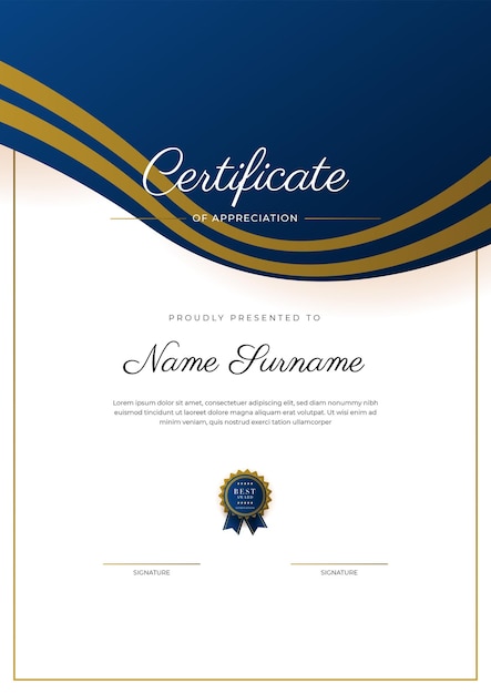 Certificate of appreciation template gold and blue color Clean modern certificate with gold badge Certificate border template with luxury and modern line pattern Diploma vector template