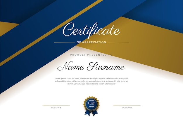 Certificate of appreciation template gold and blue color Clean modern certificate with gold badge Certificate border template with luxury and modern line pattern Diploma vector template