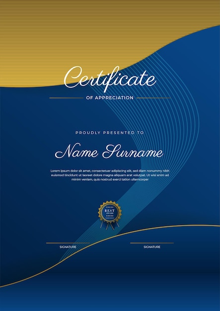 Certificate of appreciation template gold and blue color Clean modern certificate with gold badge Certificate border template with luxury and modern line pattern Diploma vector template