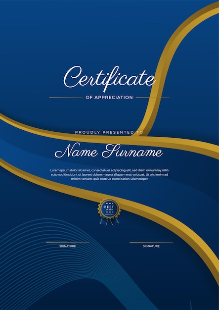 Certificate of appreciation template gold and blue color Clean modern certificate with gold badge Certificate border template with luxury and modern line pattern Diploma vector template