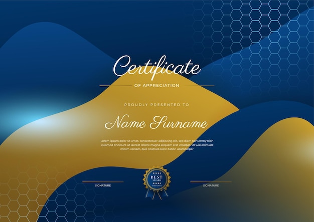 Certificate of appreciation template gold and blue color Clean modern certificate with gold badge Certificate border template with luxury and modern line pattern Diploma vector template