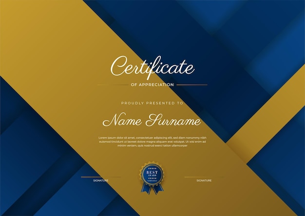 Certificate of appreciation template gold and blue color Clean modern certificate with gold badge Certificate border template with luxury and modern line pattern Diploma vector template