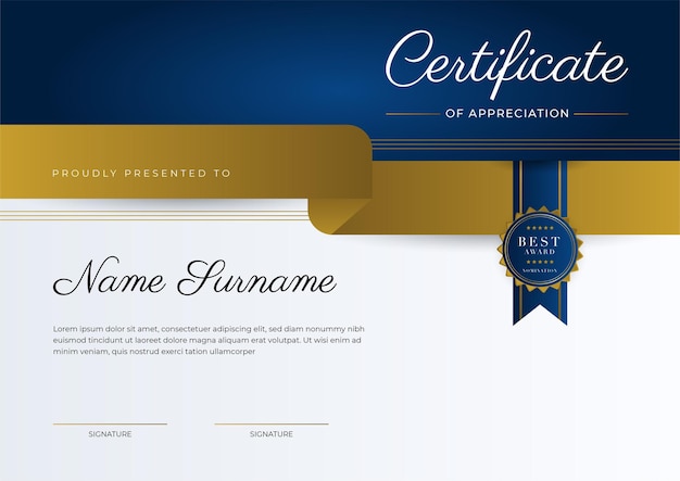 Certificate of appreciation template gold and blue color Clean modern certificate with gold badge Certificate border template with luxury and modern line pattern Diploma vector template