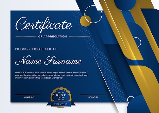 Certificate of appreciation template gold and blue color Clean modern certificate with gold badge Certificate border template with luxury and modern line pattern Diploma vector template