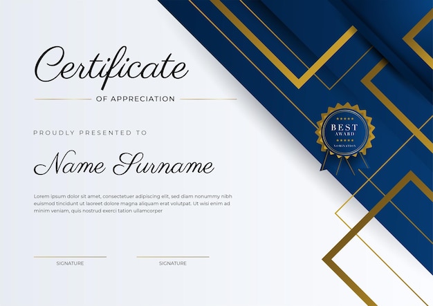 Certificate of appreciation template gold and blue color Clean modern certificate with gold badge Certificate border template with luxury and modern line pattern Diploma vector template