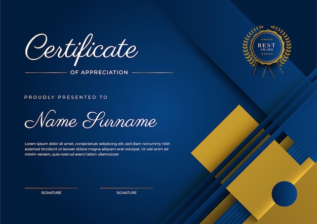 Certificate of appreciation template gold and blue color Clean modern certificate with gold badge Certificate border template with luxury and modern line pattern Diploma vector template