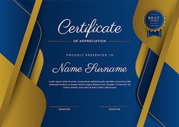 Certificate of appreciation template gold and blue color Clean modern certificate with gold badge Certificate border template with luxury and modern line pattern Diploma vector template