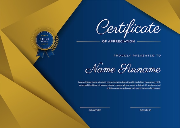 Certificate of appreciation template gold and blue color Clean modern certificate with gold badge Certificate border template with luxury and modern line pattern Diploma vector template