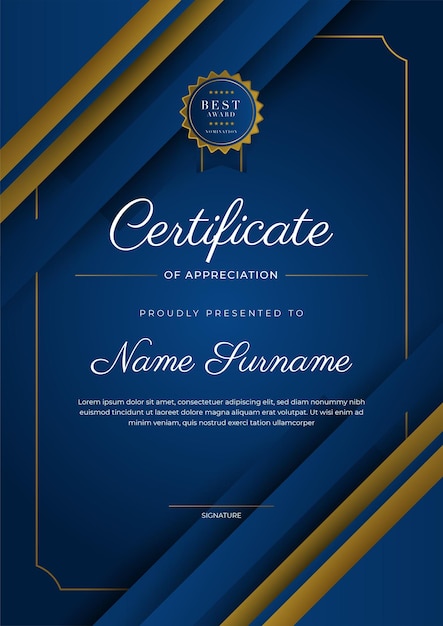 Certificate of appreciation template gold and blue color Clean modern certificate with gold badge Certificate border template with luxury and modern line pattern Diploma vector template