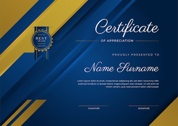 Certificate of appreciation template gold and blue color Clean modern certificate with gold badge Certificate border template with luxury and modern line pattern Diploma vector template