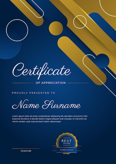 Certificate of appreciation template gold and blue color Clean modern certificate with gold badge Certificate border template with luxury and modern line pattern Diploma vector template