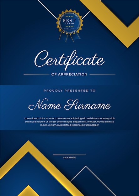 Certificate of appreciation template gold and blue color Clean modern certificate with gold badge Certificate border template with luxury and modern line pattern Diploma vector template