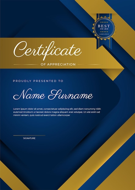 Certificate of appreciation template gold and blue color Clean modern certificate with gold badge Certificate border template with luxury and modern line pattern Diploma vector template