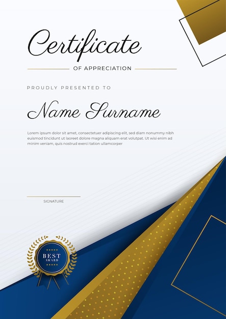 Certificate of appreciation template gold and blue color Clean modern certificate with gold badge Certificate border template with luxury and modern line pattern Diploma vector template