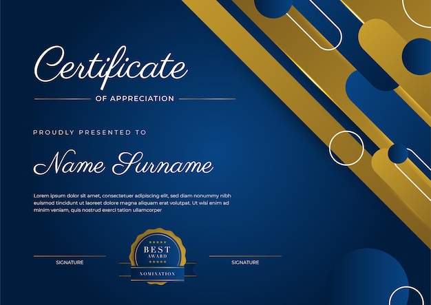 Certificate of appreciation template gold and blue color Clean modern certificate with gold badge Certificate border template with luxury and modern line pattern Diploma vector template