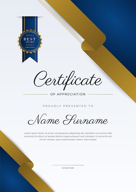 Certificate of appreciation template gold and blue color Clean modern certificate with gold badge Certificate border template with luxury and modern line pattern Diploma vector template