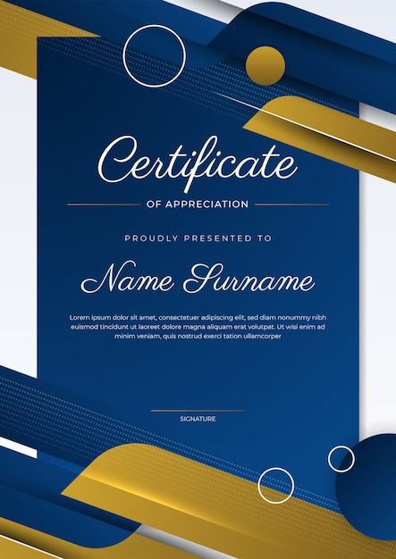 Certificate of appreciation template gold and blue color Clean modern certificate with gold badge Certificate border template with luxury and modern line pattern Diploma vector template