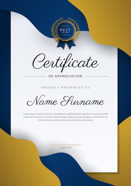 Certificate of appreciation template gold and blue color Clean modern certificate with gold badge Certificate border template with luxury and modern line pattern Diploma vector template