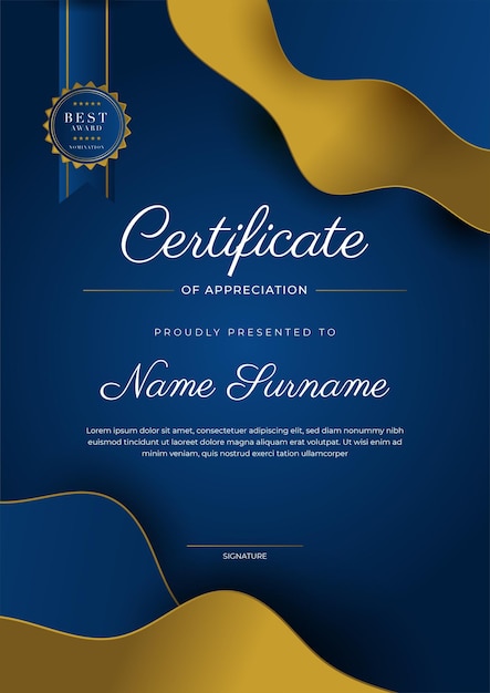 Certificate of appreciation template gold and blue color Clean modern certificate with gold badge Certificate border template with luxury and modern line pattern Diploma vector template