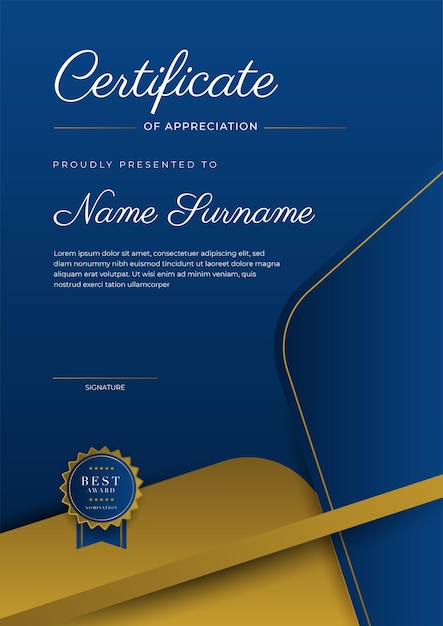 Certificate of appreciation template gold and blue color Clean modern certificate with gold badge Certificate border template with luxury and modern line pattern Diploma vector template