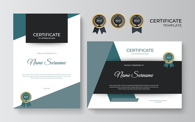 Certificate of appreciation template, gold and blue color. Clean modern certificate with gold badge. Certificate border template with luxury and modern line pattern. Diploma vector template