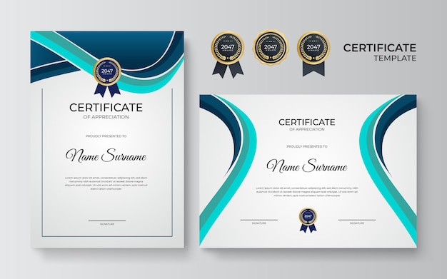 Certificate of appreciation template, gold and blue green color. Clean modern certificate with gold badge. Certificate border template with luxury and modern line pattern. Diploma vector template