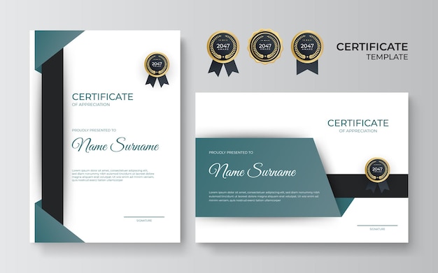 Certificate of appreciation template, gold and green color. Clean modern certificate with gold badge. Certificate border template with luxury and modern line pattern. Diploma vector template