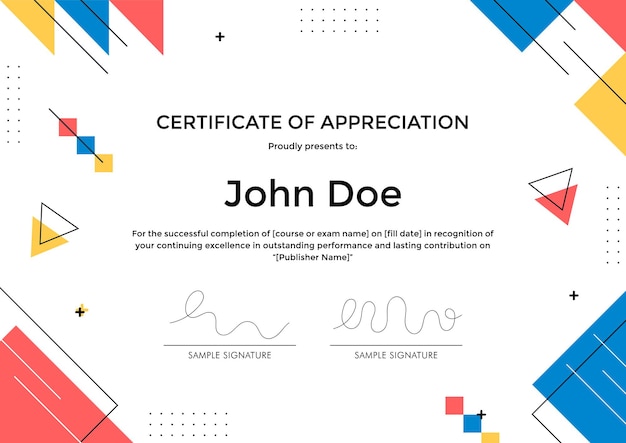 Certificate of Appreciation template with abstract geometric memphis style design