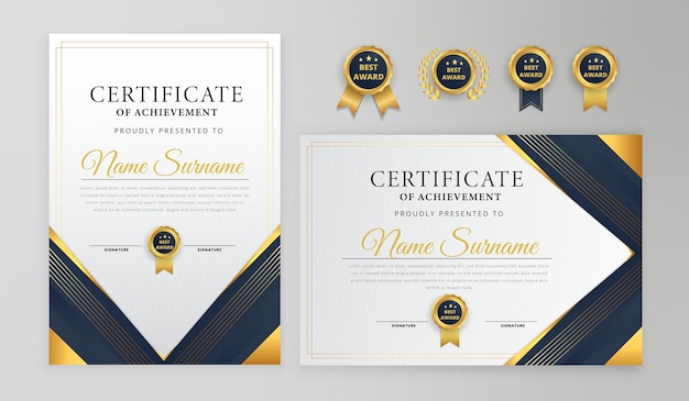 Certificate blue and gold with badges and modern design line  template