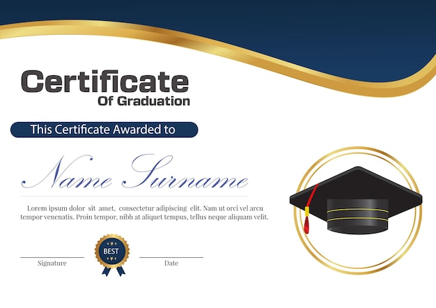 Certificate of college graduation with a gold ribbon and a blue background