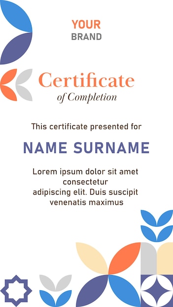 certificate of completion template in vertical social media pst 16 by 9 format geometric style