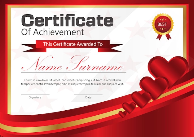 certificate design with hearts red and golden colors