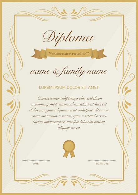 Certificate of diploma template with golden floral design.