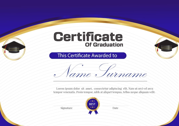 A certificate of graduation is shown in blue and gold new design