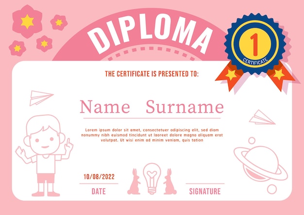 Certificate kids diploma kindergarten template layout pink color vector