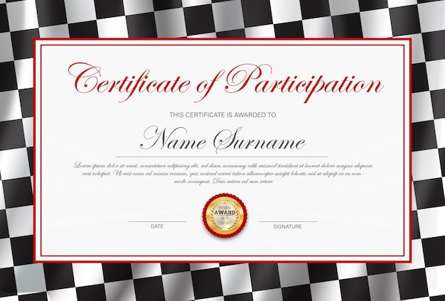 Certificate of participation, diploma template with black and white chequered rally flag.