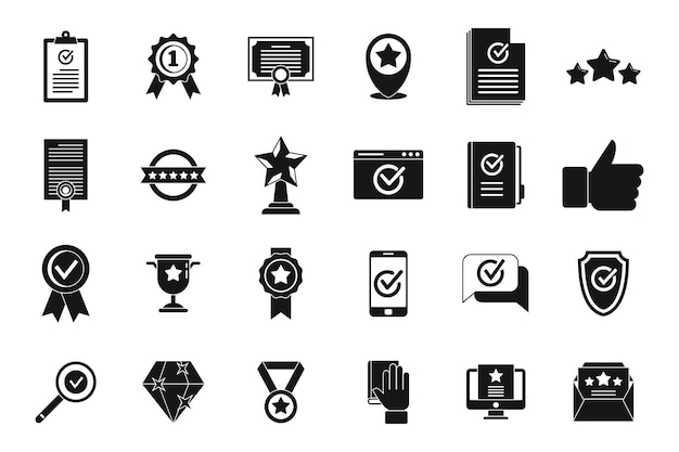 Certificate quality assurance icons set simple vector. Exam growth. University compliance