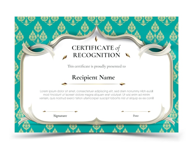 Certificate of Recognition template. Abstract white frame plus white smooth rip curl edges on green turquoise tradition