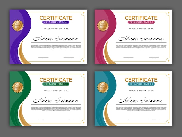 Certificate A set of mockups of the certificate of recognition of education training achievements Four color designs