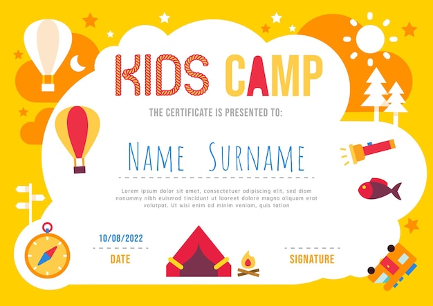 Certificate summer camp kids diploma kindergarten template layout nature eco vector