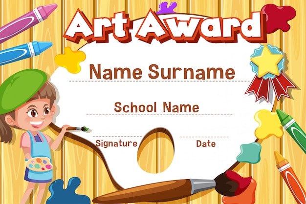 Certificate template for art award with kid painting in background