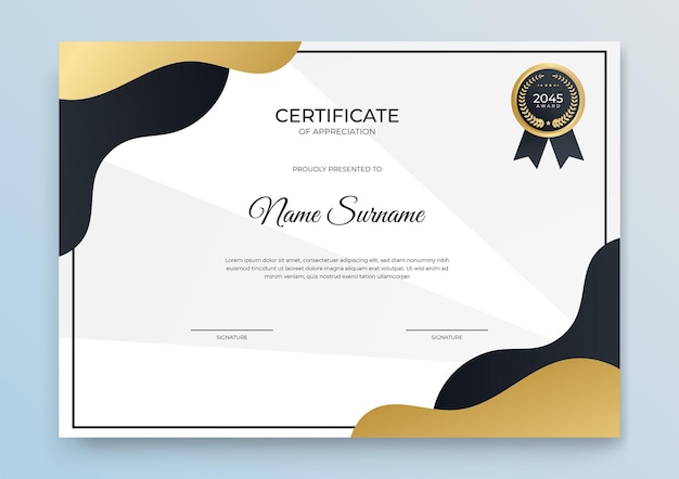 Certificate template banner with abstract geometric shape for print template with golden wave and white clean modern