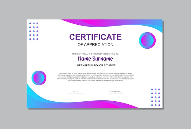 Certificate template in blue and purple colors in abstract style