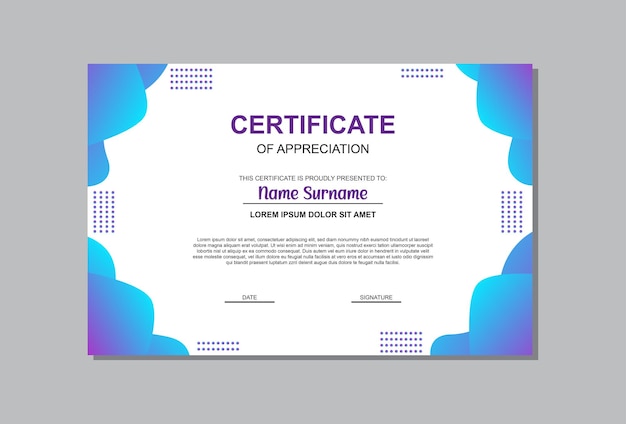 Certificate template in blue and purple colors in abstract style