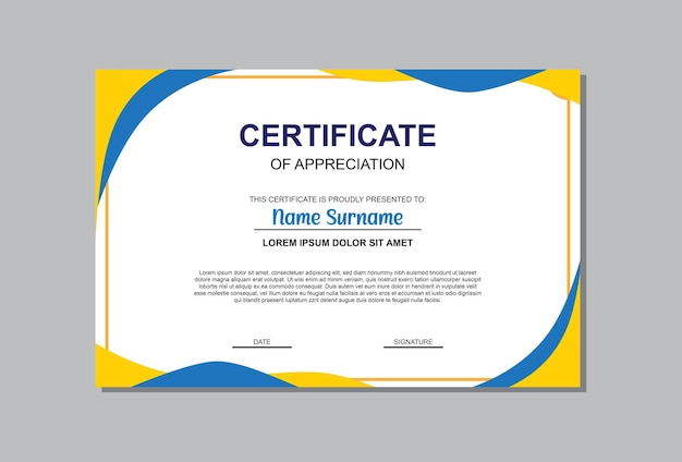 Certificate template in blue and yellow modern style