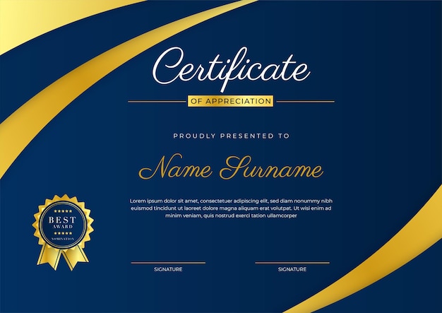 Certificate template design with blue modern elegant Certificate of award achievement template with gold badge and border