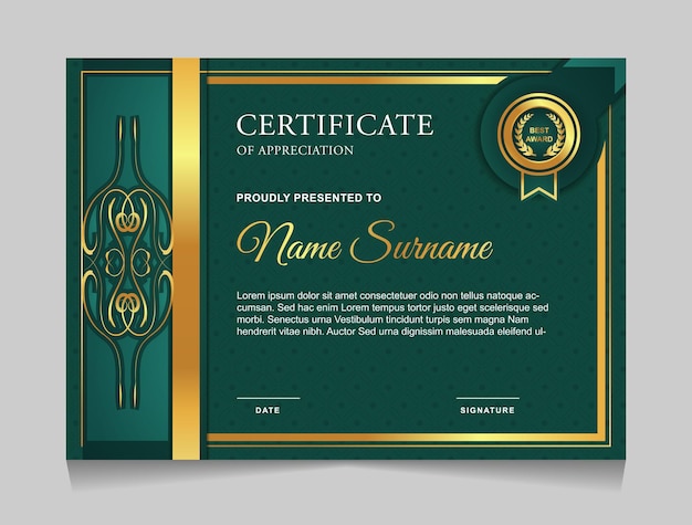 Certificate template design with green and gold luxury modern shapes